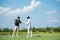 Group golfer sport course fairway.Â  People man lifestyle congratulation and shake hand